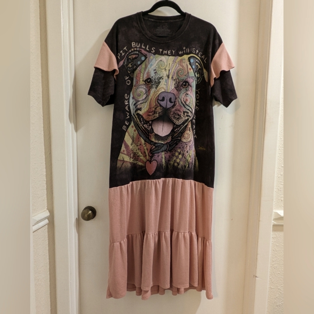 Upcycled Colorful Pit Bull Graphic Midi Dress with Full Flowing Mauve Skirt Sz L